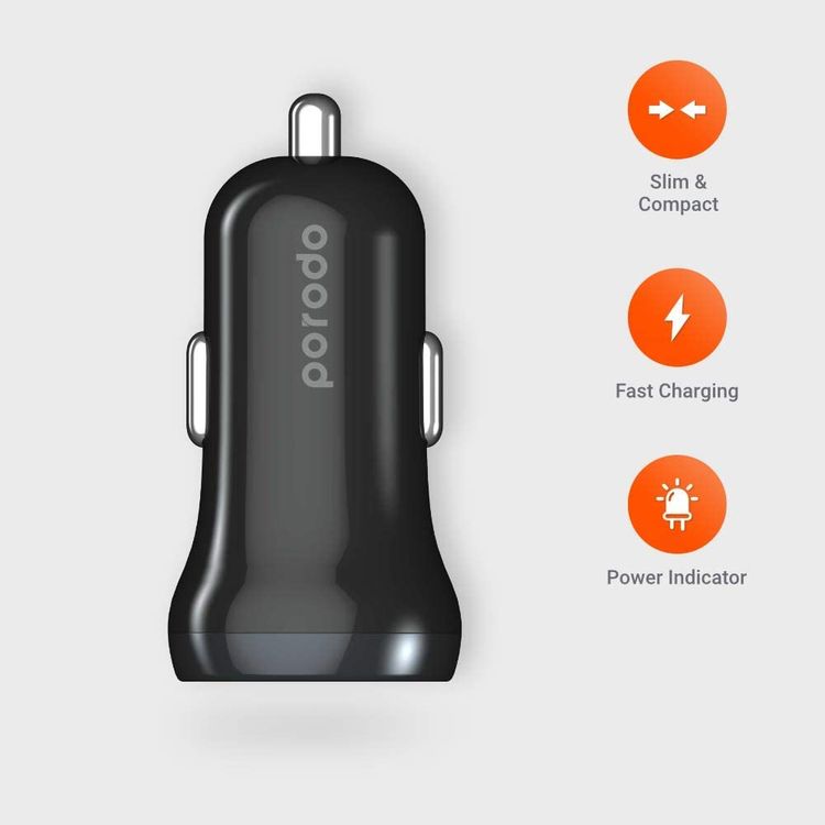  شاحن سيارة صغير مزدوج المنفذ من بورودو 2.4 أمبير ، محول سيارة نحيف ومضغوط مع مؤشر طاقة وشحن سريع ، توافق عالمي ، آمن وموثوق - أسود