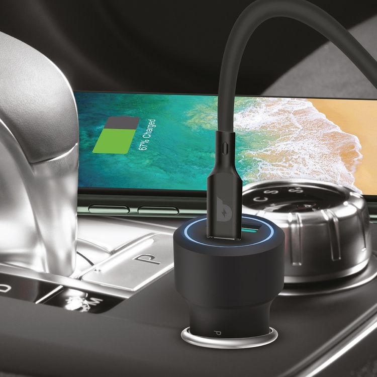 Powerology Aluminum USB + PD Car Charger 43W with Type-C Cable 0.9M - Black	