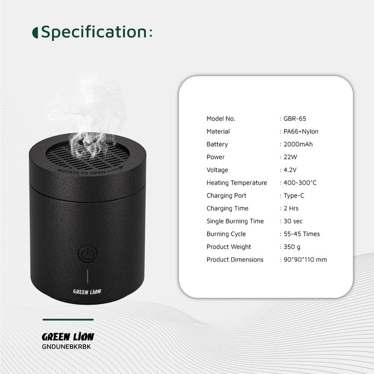 مبخرة بخور الكثبان الرملية من جرين ليون بسعة بطارية 2000 مللي أمبير، مادة PA66 والنايلون، درجة حرارة تسخين 300-400 درجة مئوية، وقت شحن 2 ساعة، منفذ شحن من النوع C، رائحة قوية، ملقط متضمن - أسود