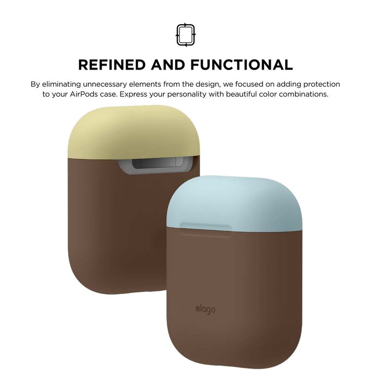 Elago Duo Silicone Case with Apple AirPods Case 1 & 2, Supports Wireless Chargers, Drop Resistant, Dustproof and Absorbing Protective Cover Body-Dark Brown / Top-Pastel Blue, Yellow