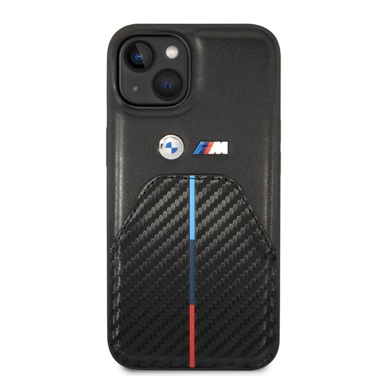 BMW M Collection Quilted PU Carbon Case with Hot Stamped Tricolor Stripe & Metal Logos iPhone 14 Compatibility - Black