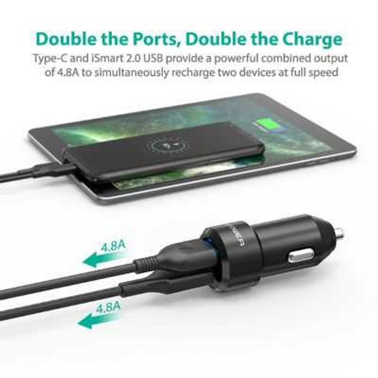 RAVPower Dual Ports Fast Charging Durable Car Charger 36W with Type-C Port - Compact Build Portable Car Power Adapter with iSmart Technology & LED Indicator - Black