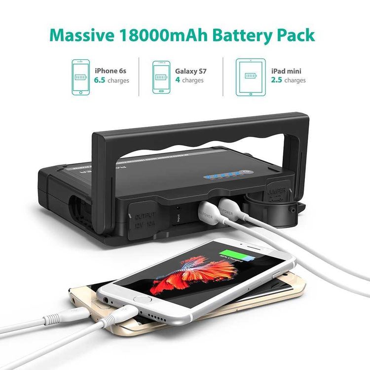 RAVPower Portable Element Car Jump Starter 600A UK 18000mAh Power Bank with Handle - Built-in Intelligent Protector - Portable Car Cigarette Lighter with LED Flashlight - Black