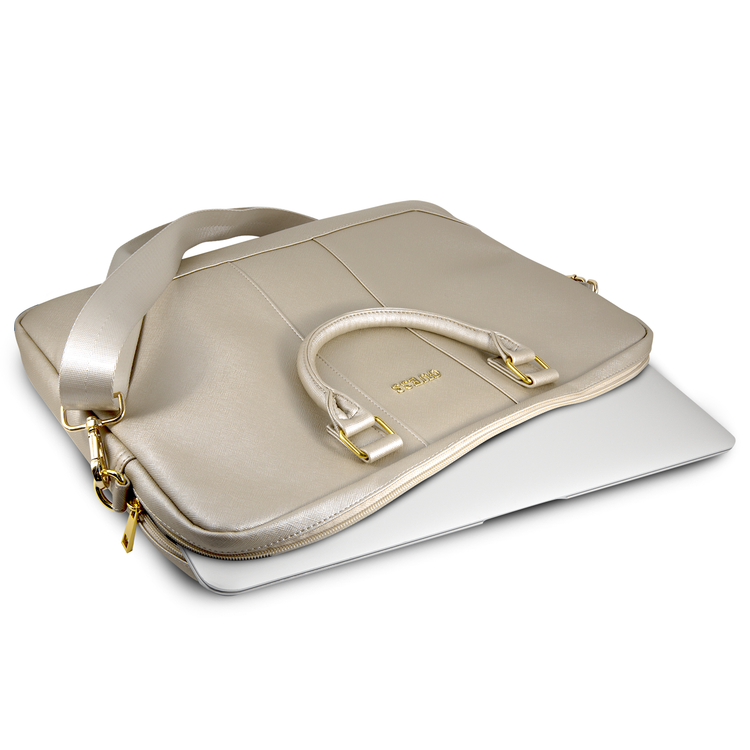 CG MOBILE Guess Saffiano-Look Computer Bag 15" with Adjustable Shoulder Strap with Zipper for MacBook, Suitable for Outdoor, Business, Office, School Officially Licensed Beige