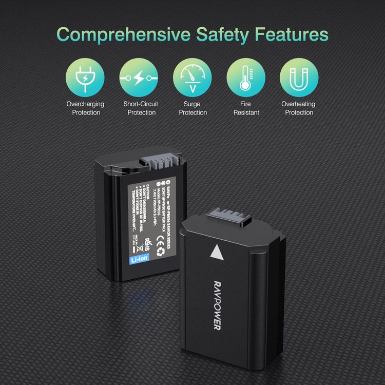 RAVPower NP-FW50 Camera Battery Charger Set with Moistureproof Case Compatible for Sony A6000, A6500, A6300, A7, A7II, A7SII, A7S, A7S2, A7R, A7R2, A7RII, A55 (2-Pack, 1100mAh)