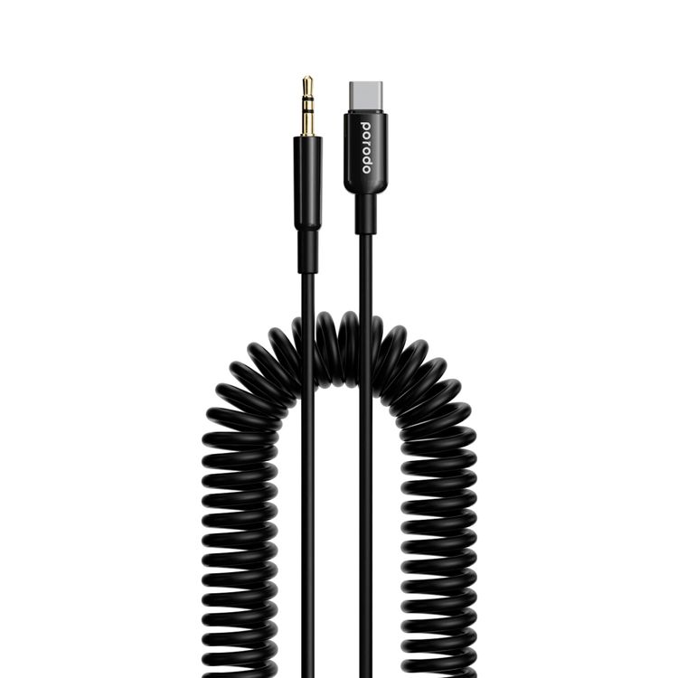 Porodo 3.5mm Type-C AUX Coiled Audio Cable Convenient Tangle-Free Design 1.2m/4ft, Type C to AUX, Universal Compatibility, Auto Retractable - Black