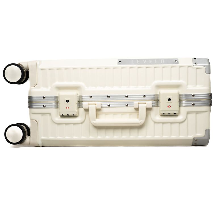 حقيبة سفر Levelo RoamRollers، هيكل من الألومنيوم، مخرج USB-A وUSB-C، حماية للزوايا المعدنية، جيب أمامي متوافق مع كمبيوتر محمول يصل إلى 15.6 بوصة، حامل هاتف وحامل أكواب، عجلات دوارة صامتة - أبيض 