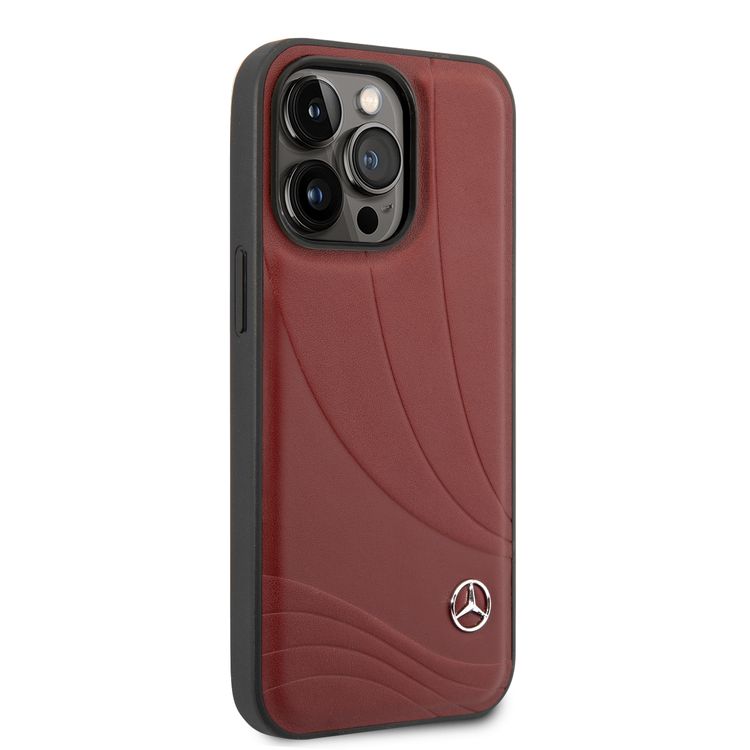 CG MOBILE Mercedes-Benz Genuine Leather Case With New WaveIII Pattern, Compatible w/ 14 Pro (6.1") Scratch & Drop Protection, Wireless Charger Compatibility - Red