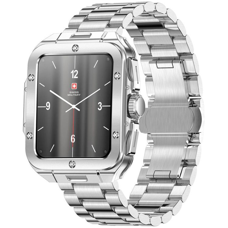 Swiss Military Alps 2, 1.85" HD Display, 4GB Built-in Memory, Workout Detection, Blood Pressure & Oxygen Level Monitoring, Make and Receive Calls - Silver Frame and Silver Stainless Steel Strap