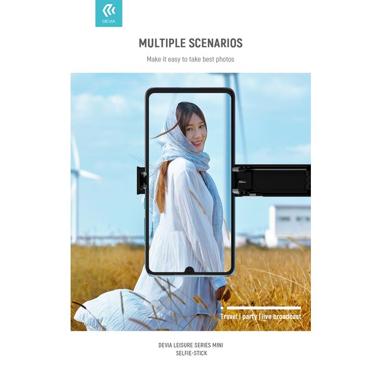 Devia Leisure Series Mini Selfie-Stick (3.5mm), Embedded Bluetooth Remote Control Snapshot, One-Hand Comfortable Grip, Light and Portable, Suitable for all Smartphones - Black