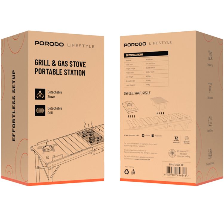 Porodo Lifestyle Portable Folding Camping Table with Detachable Stove and Mesh, 150kg Load Capacity, 45.5 to 58cm Height Range, Aluminum Material - Brown