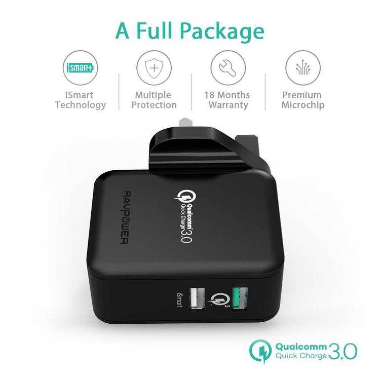 RAVPower QC3.0 30W Dual USB-A Port Wall Charger UK with iSmart Fast Charging Technology - Small & Travel-friendly Portable Adapter with Multiple Protection - Black