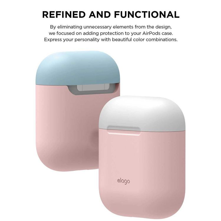 Elago Duo Case for Airpods, 3-in-1 Pastel Color, High Quality Silicone, Shock Resistant, Scratch Resistant, Supports Wireless Charging - Body-Pink / Top-White,Pastel Blue