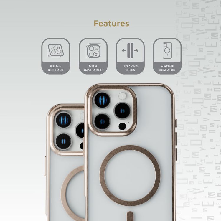 Levelo Elio PC Case with Camera Ring Stand for iPhone 16 Pro Max, Built-in Kickstand, MagSafe Compatible - Rose Gold Titanium