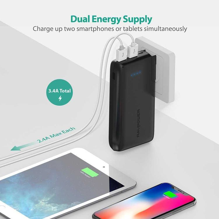 RAVPower 2-in-1 Savior Series 10000mAh Portable Charger Power Bank with AC Plug - Built-in Wall Charger - EU & UK Adapter Interchangeable - Travel-friendly Powerbank - Black