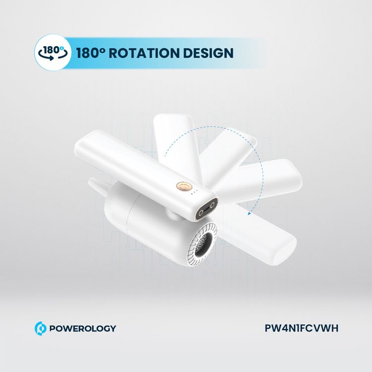 Powerology 4 in 1 180° Foldable Car Vacuum Cleaner with Type-C Charging Port, LED Indicator and 4 Nozzles - White