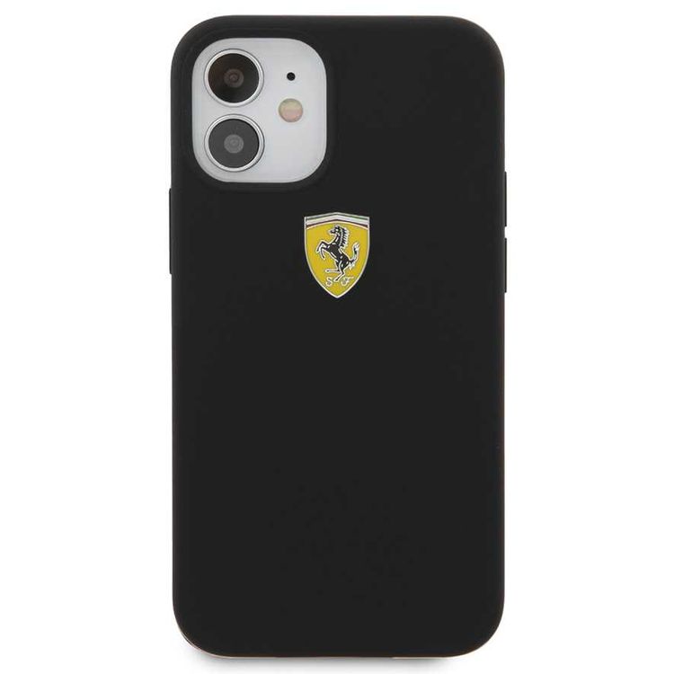 CG Mobile Ferrari On Track Liquid Silicone Case Metal Logo for iPhone 12 Mini (5.4") Officially Licensed, Premium Silicone Case, Shock Resistant, Scratches Resistant - Black