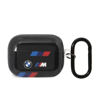 حافظة سماعات BMW M Collection لأيربودز بتصميم TPU خطوط ثلاثية الألوان وشعار مطبوعة بلمعة تتناسب مع أيربودز برو - أسود