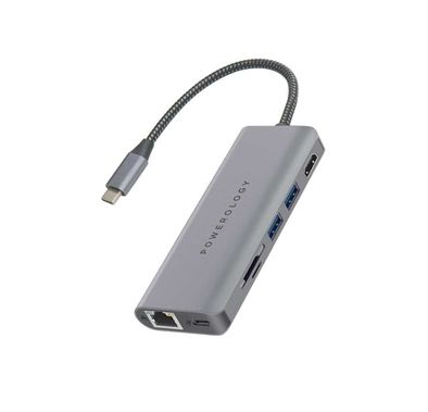 Powerology 7 في 1 USB-C Hub Ethernet وHDMI مع PD 87W - فضاء رمادي