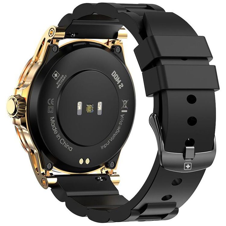 Swiss Military Dom2, up to 7 Days Battery Life, Receive & Make Calls, Heart Rate & Blood Pressure & Oxygen Level Monitoring, iOS & Android - Gold with Black Silicon Strap 