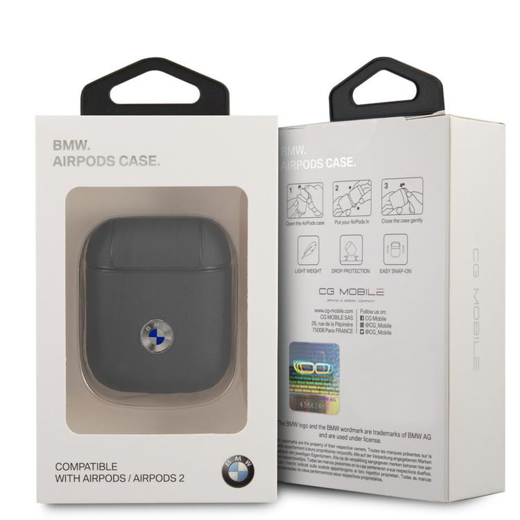 بي أم دبليو جراب من الجلد الأصلي للكمبيوتر الشخصي مع شعار معدني فضي لسماعات ايربودز 1/2 ، مضاد للصدمات - كحلي