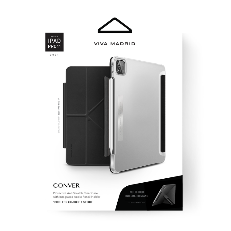 Viva Madrid Conver Case With Foldable Stand Clear Case with Integrated Apple Pencil Holder, Anti-Scratch, Shock-Absorption & Drop Protection Cover Black - iPad Pro 11" (2021)