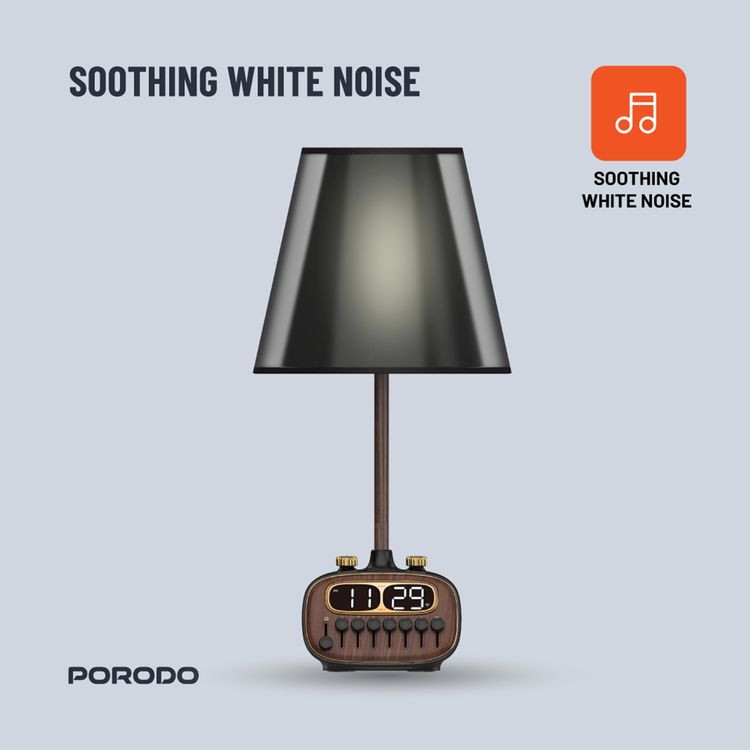 مصباح مكتبي ريترو من بورودو مع ضوضاء بيضاء ومكبر صوت بتقنية البلوتوث ووظيفة التنبيه والغفوة و3 مستويات سطوع (منخفضة ومتوسطة وعالية) وشحن لاسلكي مزدوج وشاشة رقمية عالية الدقة - أسود 