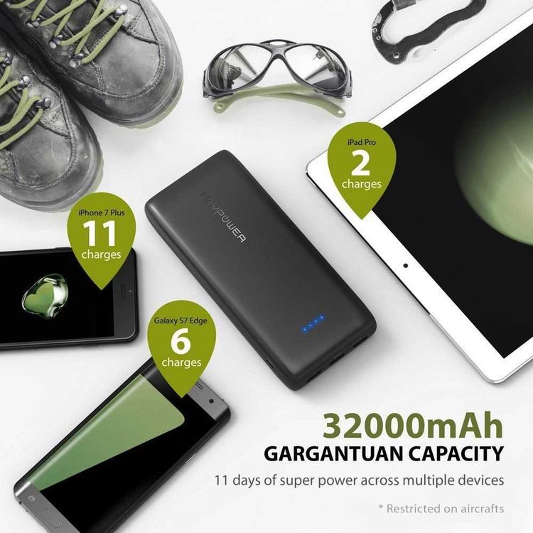 RAVPower Ace Series Portable Charger Power Bank 32000mAh with 3 iSmart 2.0 USB Port - Powerbank with Overcharge Protection & LED Battery Level Indicator for Smartphones - Black