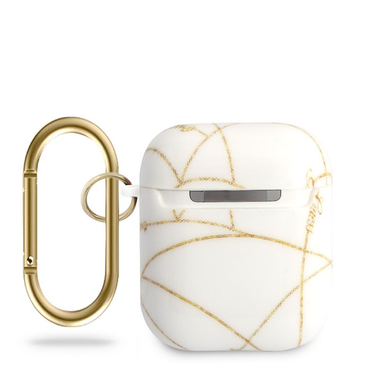 CG MOBILE Guess TPU Chain Case with Anti-Lost Carabiner Compatible for AirPods 1/2 Scratch Resistant, Shock Absorption, Drop Protection, Dustproof Protective Silicone Cover Officially Licensed - White