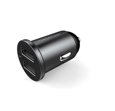Powerology Dual USB-A Port Aluminum Mini Car Charger 4.8A 24W, Optimal Charging for Two Devices Simultaneously, Quick Charging Aluminum Car Adapter - Black