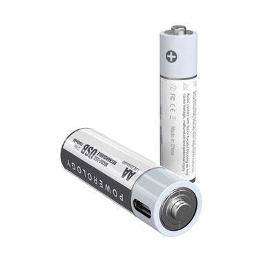 Powerology USB Rechargeable Battery, Reusable USB Lithium-ion Battery with Micro USB Cable - White (AAA (450mAh / 675mWh), 2 pcs/pack)