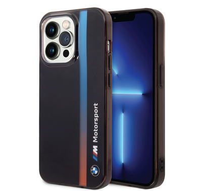 BMW Motorsport Collection PC/TPU IML Case with Printed Tricolor Fading Stripe iPhone 14 Pro Max Compatibility - Black