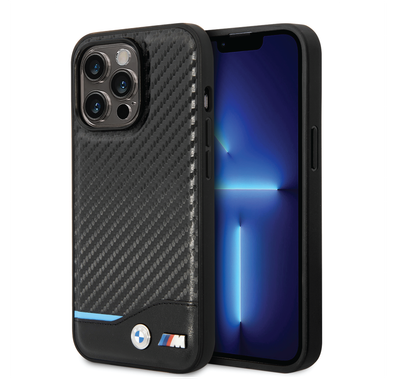BMW M Collection Magsafe Compatibility PU Carbon Case with Bottom Horizontal Blue Line iPhone 14 Pro Compatibility - Black