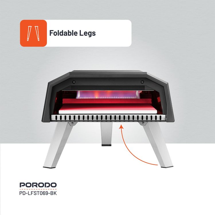 فرن بيتزا بورودو لايف ستايل 12 بوصة في الهواء الطلق بأرجل قابلة للطي، وقت طهي 60 ثانية، تسخين سريع 500 درجة مئوية، متوافق مع البيوتان والبروبان، 30-45 دقيقة قبل التسخين، إشعال بيزو - أسود