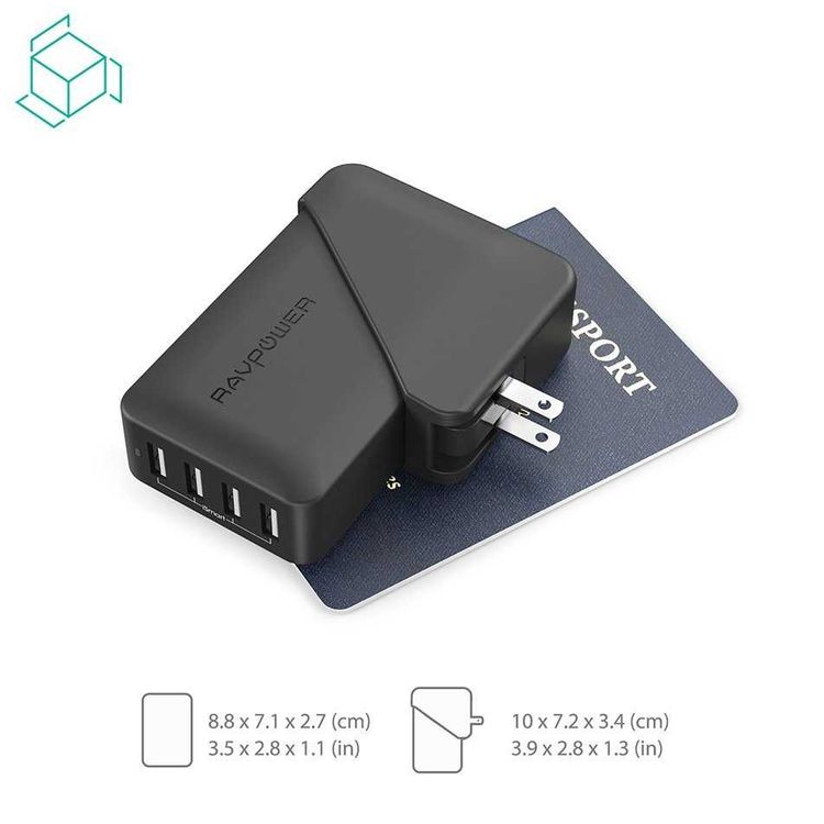 RAVPower 4-Port USB Travel Adapter 40W with Power Cord & Detachable Adapters - Portable & Sturdy Fast Charging Wall Charger with iSmart Technology & Multiple Protection - Black