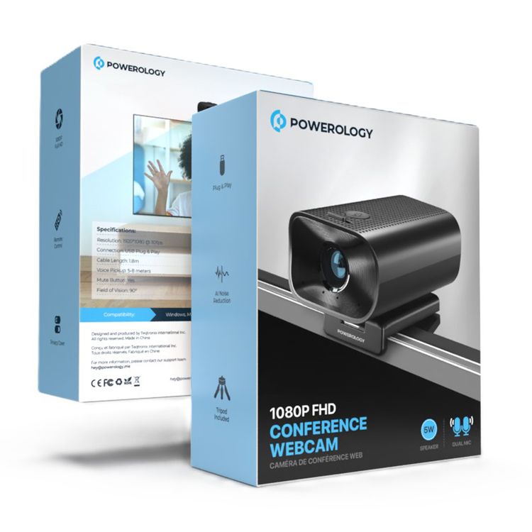 Powerology 1080p Webcam with Digital Zoom, 5W Speaker, Dual Microphone, up to 8m Voice Pickup, 90° Field of Vision, Remote Control & Tripod, 1.8m Cable Length - Black