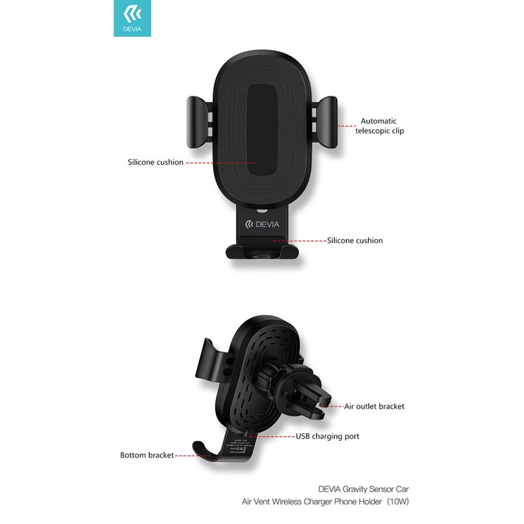 Devia Gravity Sensor Car Air Vent Wireless Charger Phone Holder (10W) - BK