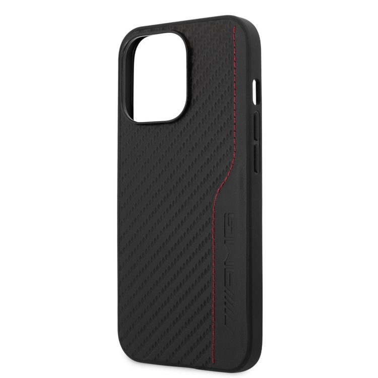 CG MOBILE AMG Hard Case with PU Carbon Effect Leather & Red Stitching Line Hot Stamped Logo Compatible for iPhone 13 Pro Max (6.7") Easy Access to All Ports, Shock-Absorption, Anti-Scratch, & Drop Protection Back Cover Suitable with Wireless Charging Officially Licensed
