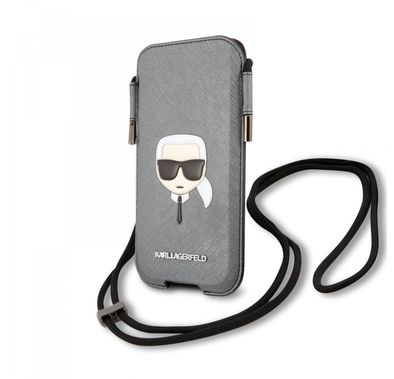 Karl Lagerfeld PU Saffiano Pouch With Karl`s Head Medium - Silver