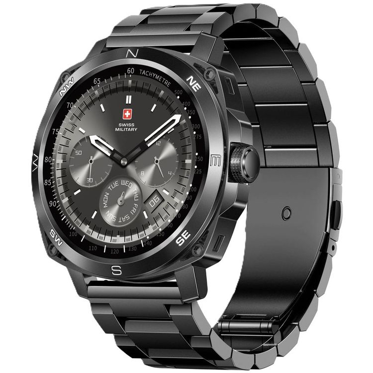 ساعة ذكية Swiss Military DOM4، شاشة AMOLED مقاس 1.43 بوصة، بوصلة مدمجة، اتصال بلوتوث، اكتشاف التمرين - أسود مع حزام معدني