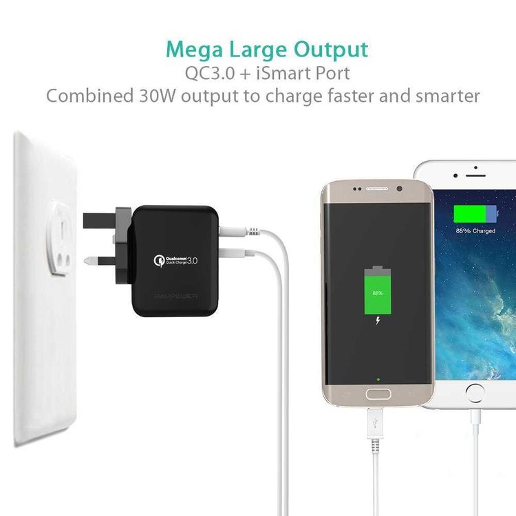 RAVPower QC3.0 30W Dual USB-A Port Wall Charger UK with iSmart Fast Charging Technology - Small & Travel-friendly Portable Adapter with Multiple Protection - Black