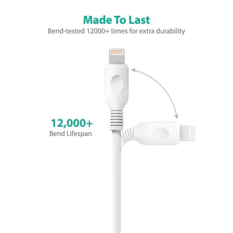 RAVPower 2 Pack Cable Compatible for iPhone Lightning Devices - Soft & Fire-Resistant TPE Connector - Fast Charging Cord - Long Lasting Durable Cable - White