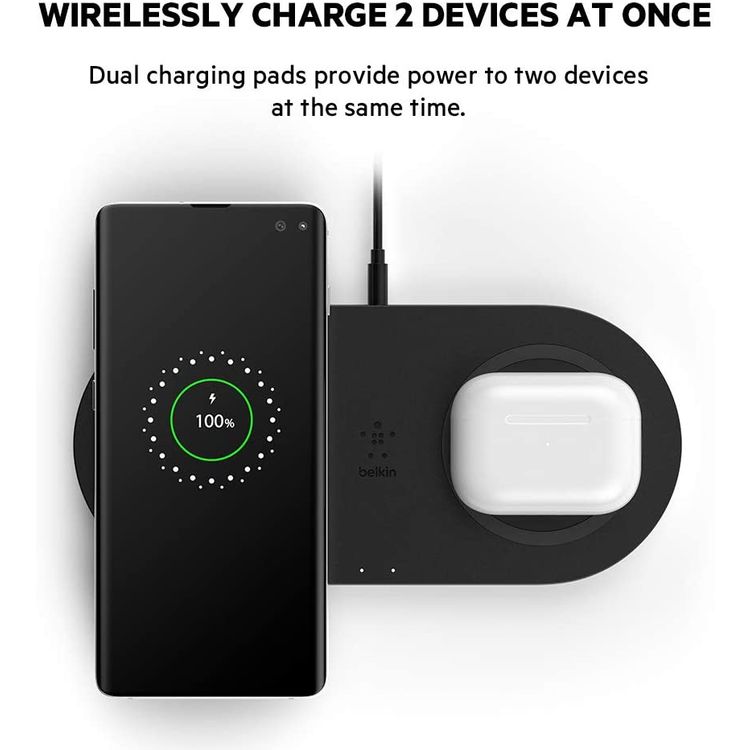وسادة شحن لاسلكية مزدوجة من بلكين 10 وات ، جراب خفيف الوزن ، معتمد من Qi ، مقبض مانع للانزلاق ، مؤشر ضوء ليد ، وسادة شحن متوافقة مع ايفون 12/12 برو ، 12 بروماكس ، 11/11 برو ، 11 بروماكس ، سامسونج جالاكسي S20 ، S20 بلاس ، S20 الترا و واكثر- اسود