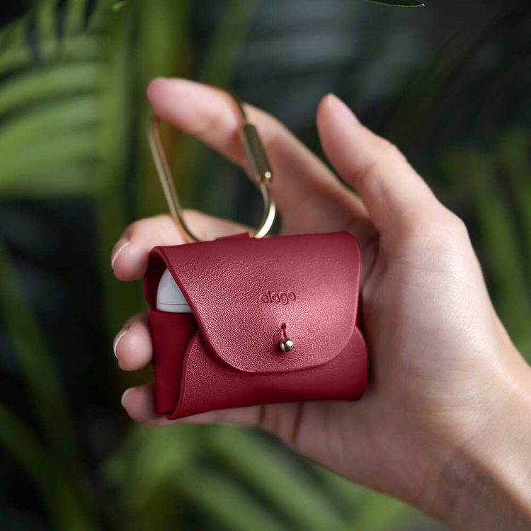 Elago Genuine Leather Case Compatible with Apple Airpods Pro, Vintage Design, Supports Wireless Charging, Brass Ring Holder, Anti-Slip Case, Shock Proof, Bring as Keychain - Red
