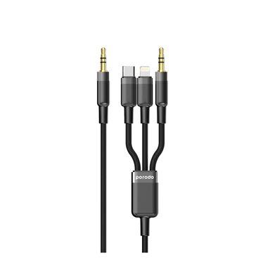 Porodo Multi-Device AUX 3.5mm Type-C Cable With Lightning & AUX Connector - Black - 1.2M
