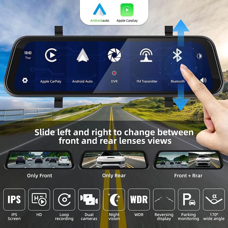 مسجل مرآة الرؤية الخلفية عالي الدقة من CLAYTON Round HD، وCarplay اللاسلكي وAndroid Auto