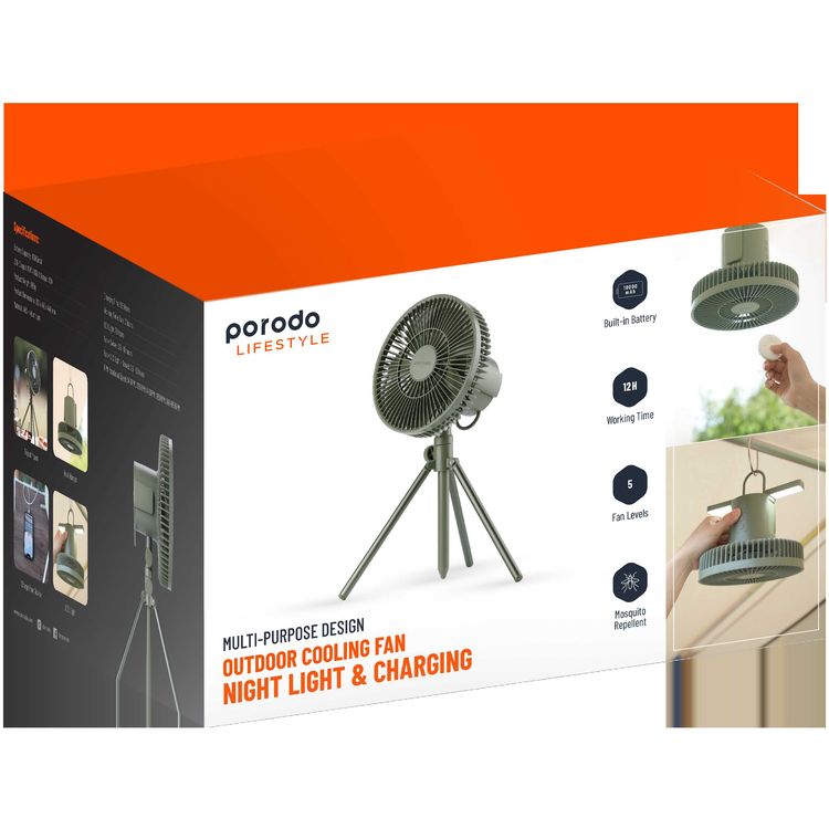 مروحة تخييم خارجية من بورودو لايف ستايل مع جهاز تحكم عن بعد وإضاءة LED بقدرة 10000 مللي أمبير في الساعة - أخضر