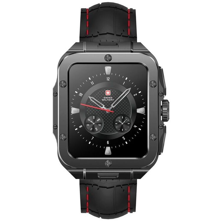 ساعة سويس ميليتاري ألبس 2، شاشة عالية الدقة مقاس 1.85 بوصة، ذاكرة مدمجة 4 جيجابايت، اكتشاف التمرين، مراقبة ضغط الدم ومستوى الأكسجين، إجراء واستقبال المكالمات - إطار معدني وحزام سيليكون أسود