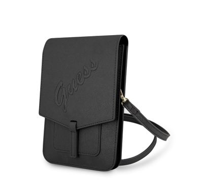 CG MOBILE Guess PU Saffiano Script Crossbody Wallet Bag with Adjustable Strap, Slim Portable Phone Bag Suitable for Outdoor, Business, Office, School Officially Licensed - Black