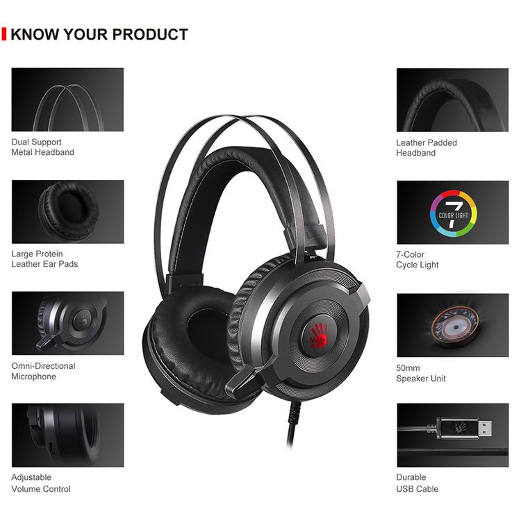 Bloody G520S 2.0 Gaming Headphones with Noise-Canceling Mic, Auto-Adjusting Headband, and 7-Color LED light - Black